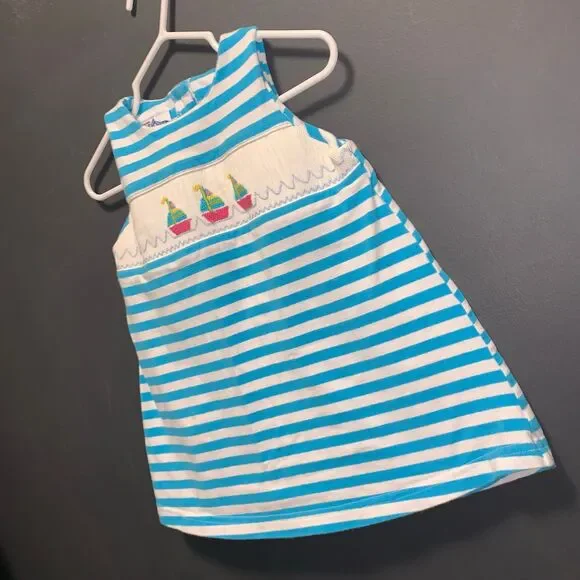 Girls 18m Smocked Sail Boat Dress  Blue White Stripes - Picture 3 of 6